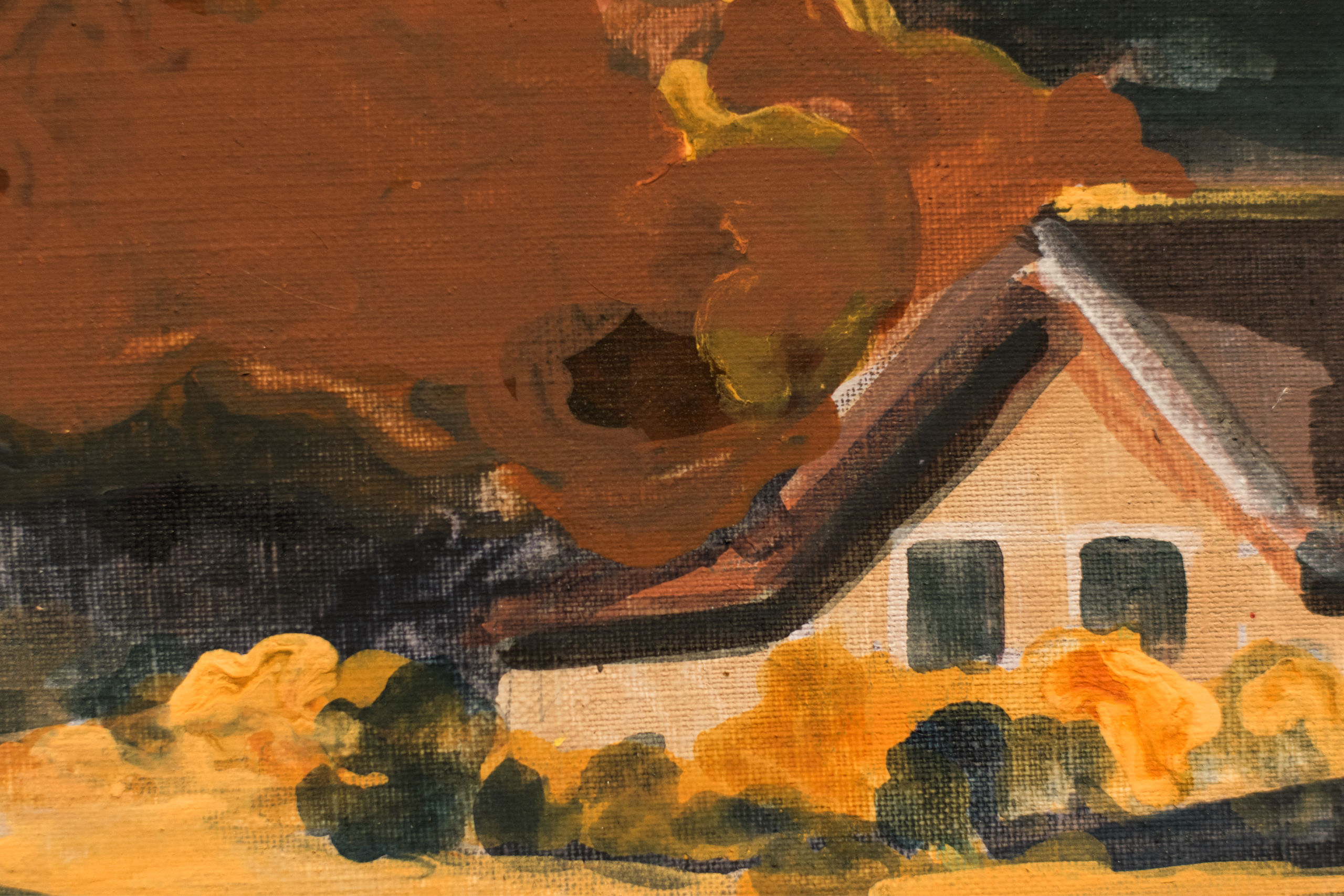 Rural house and landscape in earth tones, painting.
