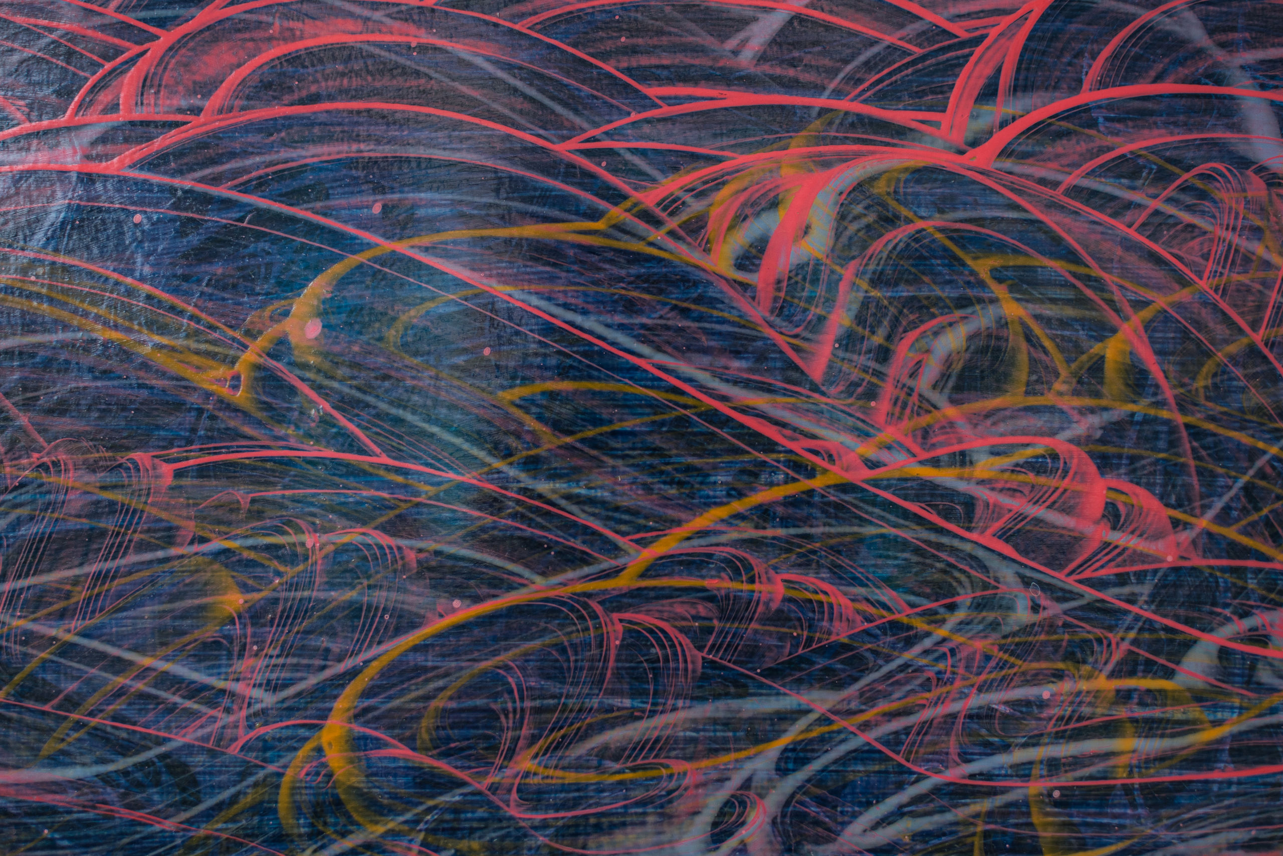 Abstract painting with yellow and pink streaks.