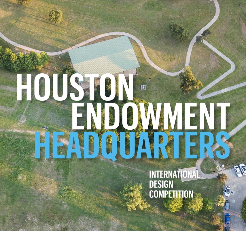 Aerial poster of Houston Endowment site with text overlay.